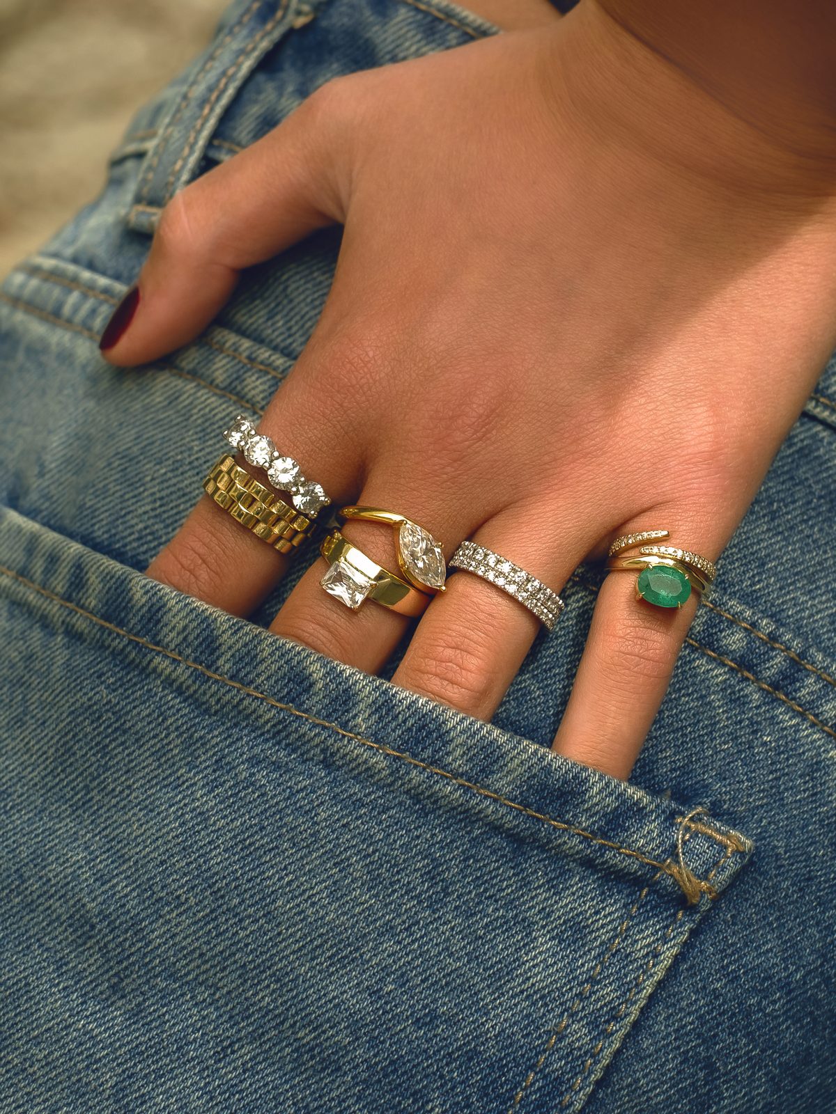 A stack of custom rings by Crown + Carat